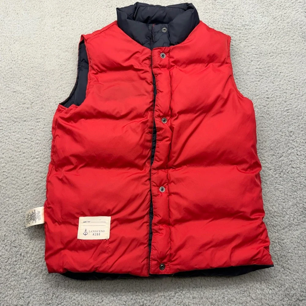 Lands End 392059 Kids Size Medium 10-12 Navy Blue Red Down Insulated Puffer Vest